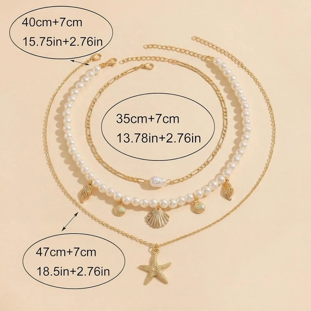 Gold Plated Boho Layered Pearl Conch Shell Starfish Necklace